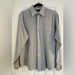 Van Heusen Fitted Shirt Mens L Gray White Striped Long Sleeve 15-15 1/2 M 34/35